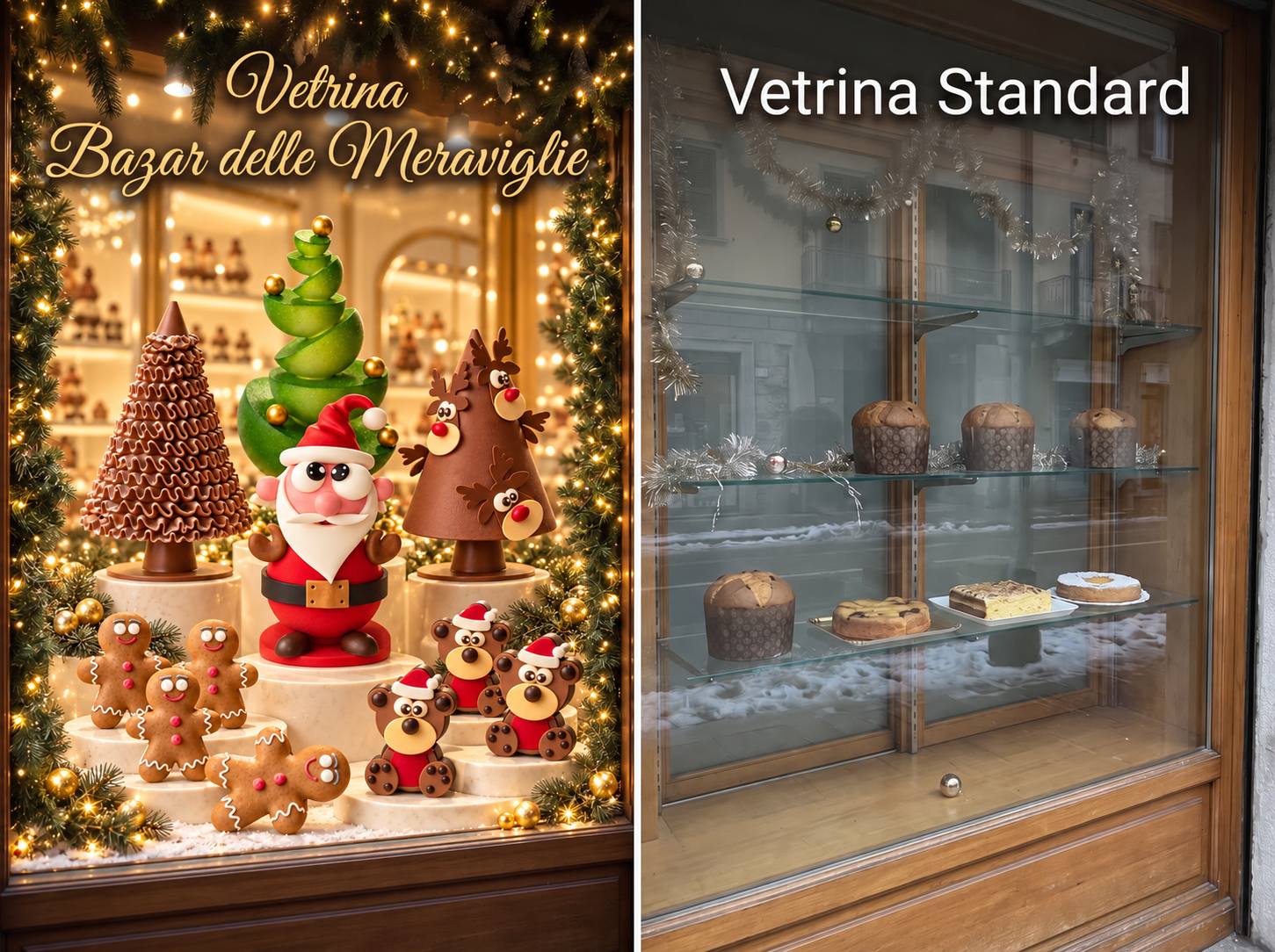 Vetrina Bazar delle Meraviglie con i soggetti natalizi di 100% Christmas Collection, a confronto con una vetrina standard.